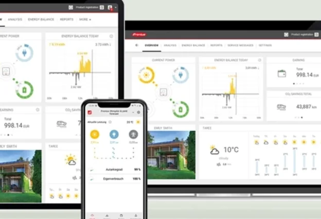 Skärmbilder från Fronius Solar.web i dator och mobil med energiflöde, batteristatus och produktion