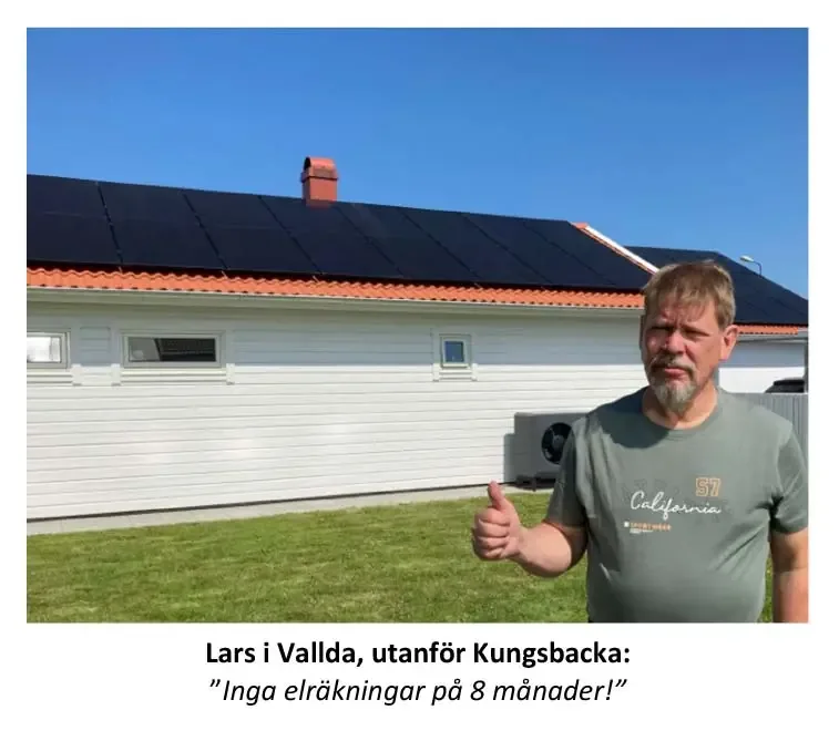 Lars i Vallda, utanför Kungsbacka, framför huset med solpaneler: ”Inga elräkningar på 8 månader!”